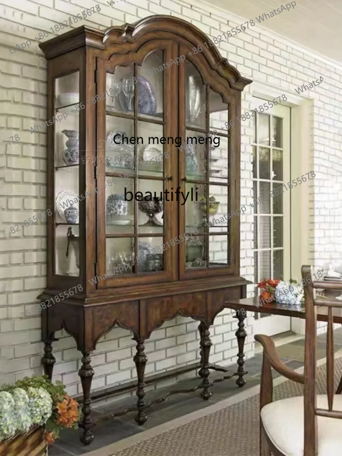 American solid wood wine cabinet living room double door glass display cabinet retro multi-functional locker