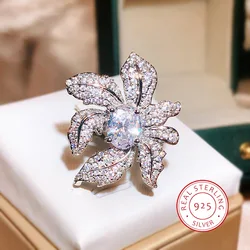 Light Luxury Simple Flower Shape Design Ring Super Shiny AAAA White Full Diamond Zircon Ladies Fine Jewelry S925 Sterling Silver