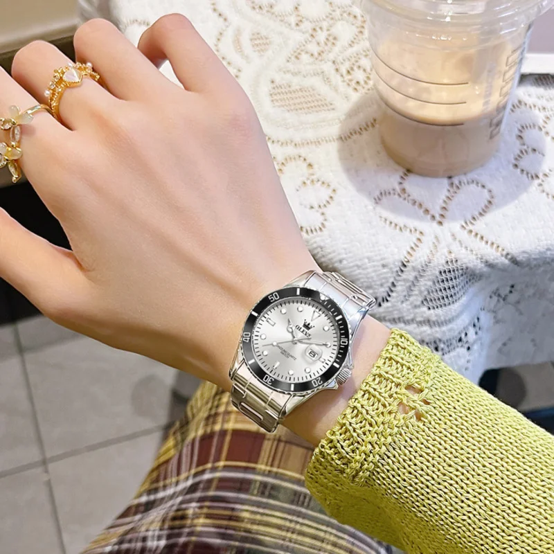 OLEVS 5885 Women's Quartz Watch Date Luminous Hands Rotating Bezel Stainless Steel Bracelet 30m Water Resistant Casual Watch