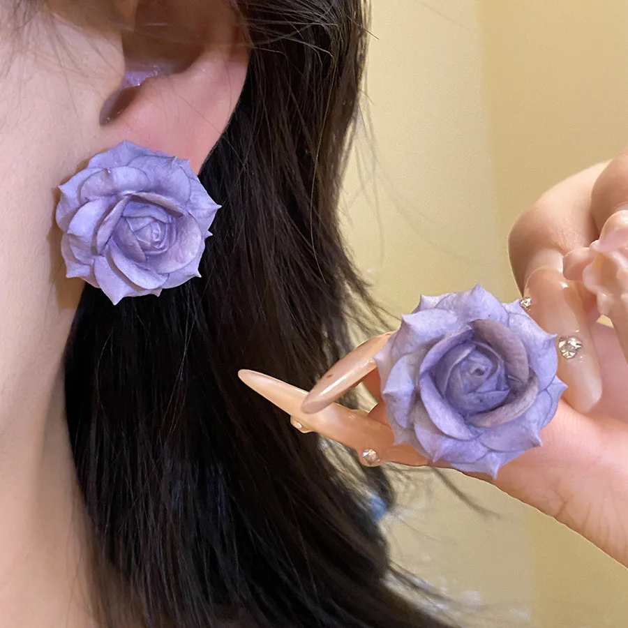 Lavender Purple Stereo Resin Rose Flower Stud Earrings Women Fairy Cottagecore Romantic Ear Studs Charms Dating Wedding Jewelry