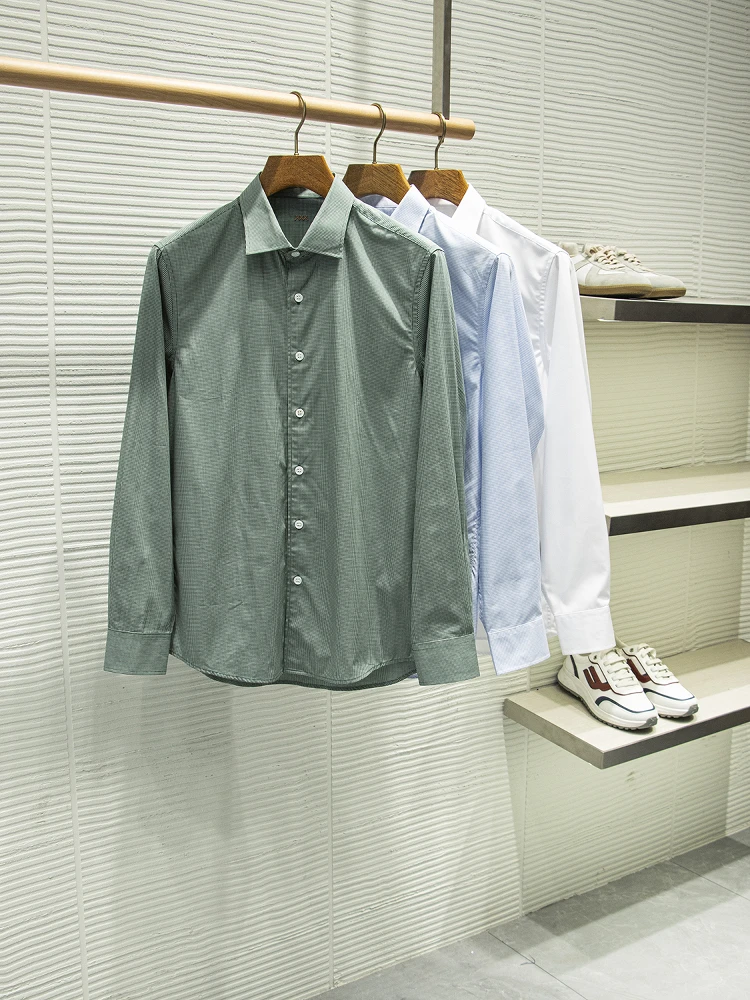 

Classic Busin Casual Men's Long Sve irt Pure Cotton Spring Small id Texture Breathable Stand Fit Commute Wear