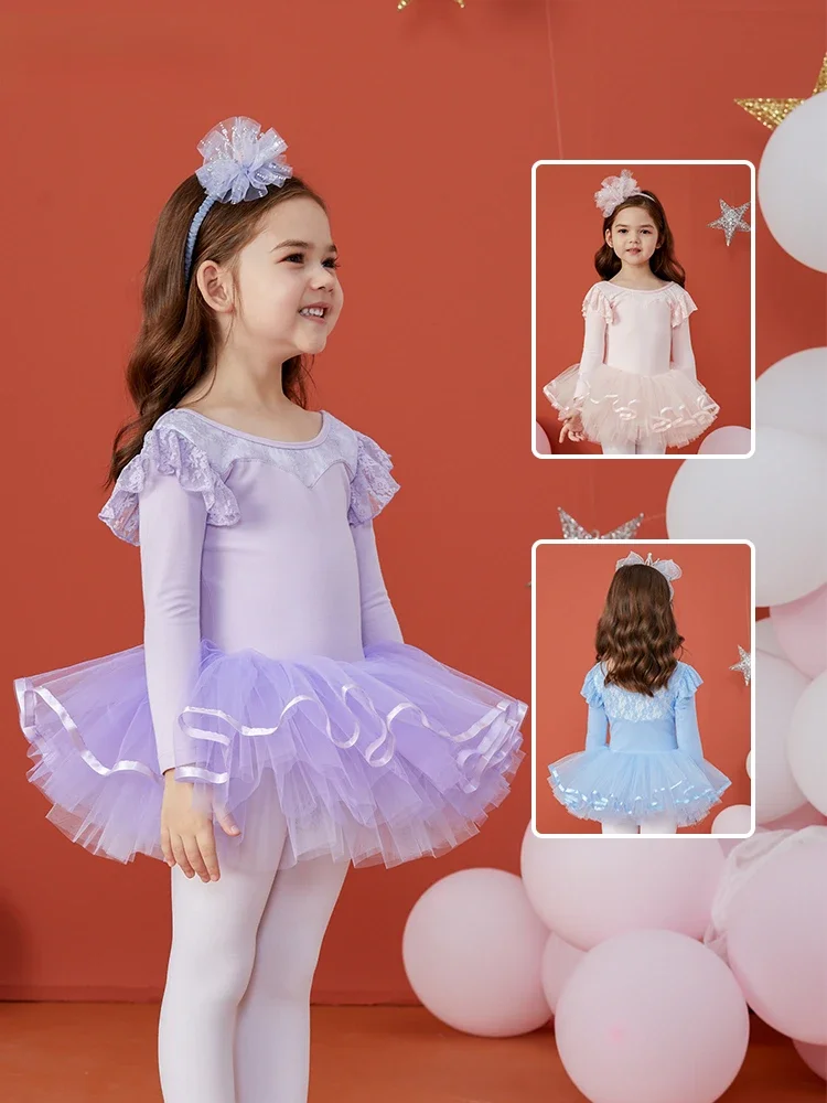 Leotardo de Ballet para niñas, traje de baile para niñas, falda de tutú de Ballet, traje de actuación en escenario, ropa de práctica de Ballet de manga larga