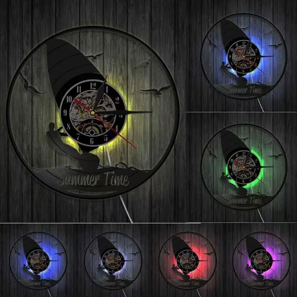 LED Backlit Vinyl Record Windsurfing Wall Clock Sailboat Silhouette Ocean Theme Night Light Summer Decor Surfer Gift
