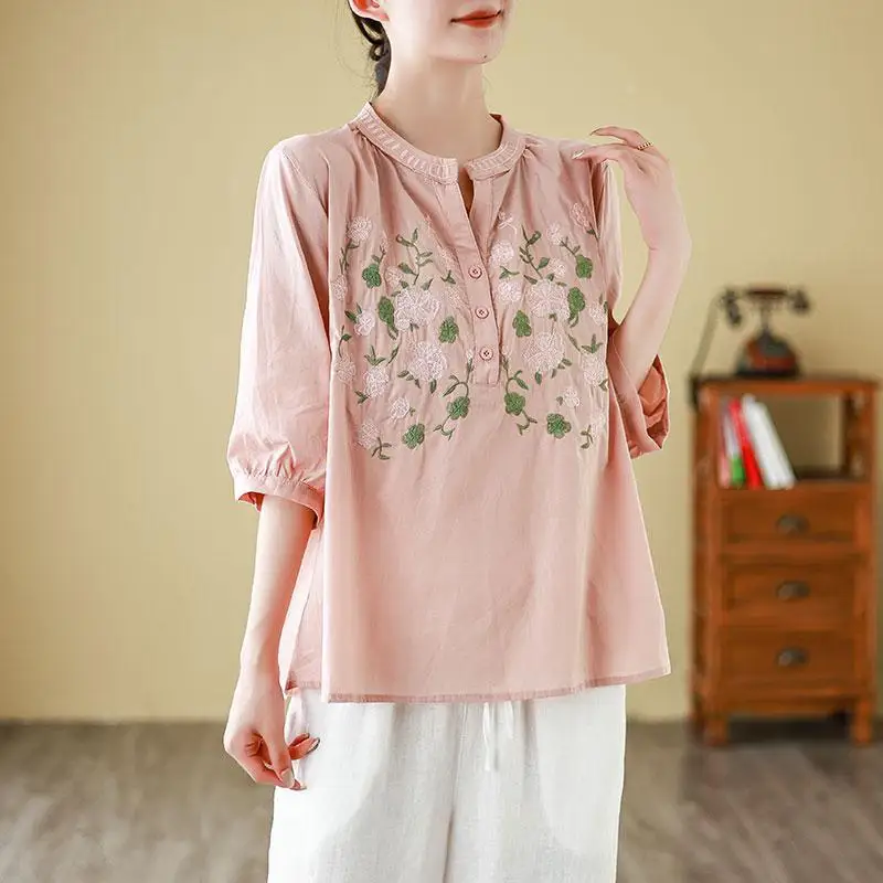 

New Arrival 2024 Summer Arts Style Women Short Sleeve V-neck Loose Shirt Vintage Embroidery Floral Cotton Linen Blouse Tops