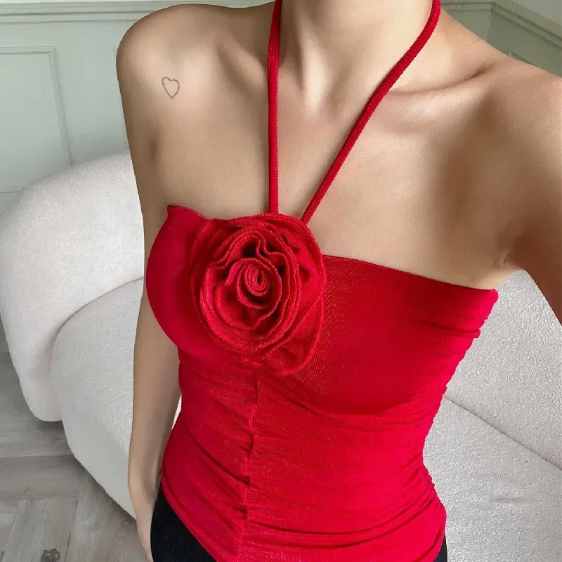 New Sexy Women Acute Halter Crop Cami Tops Fashion Sleeveless 3D Rosette Slim Fit Ruched Camisole Club Street Style Hot Sale