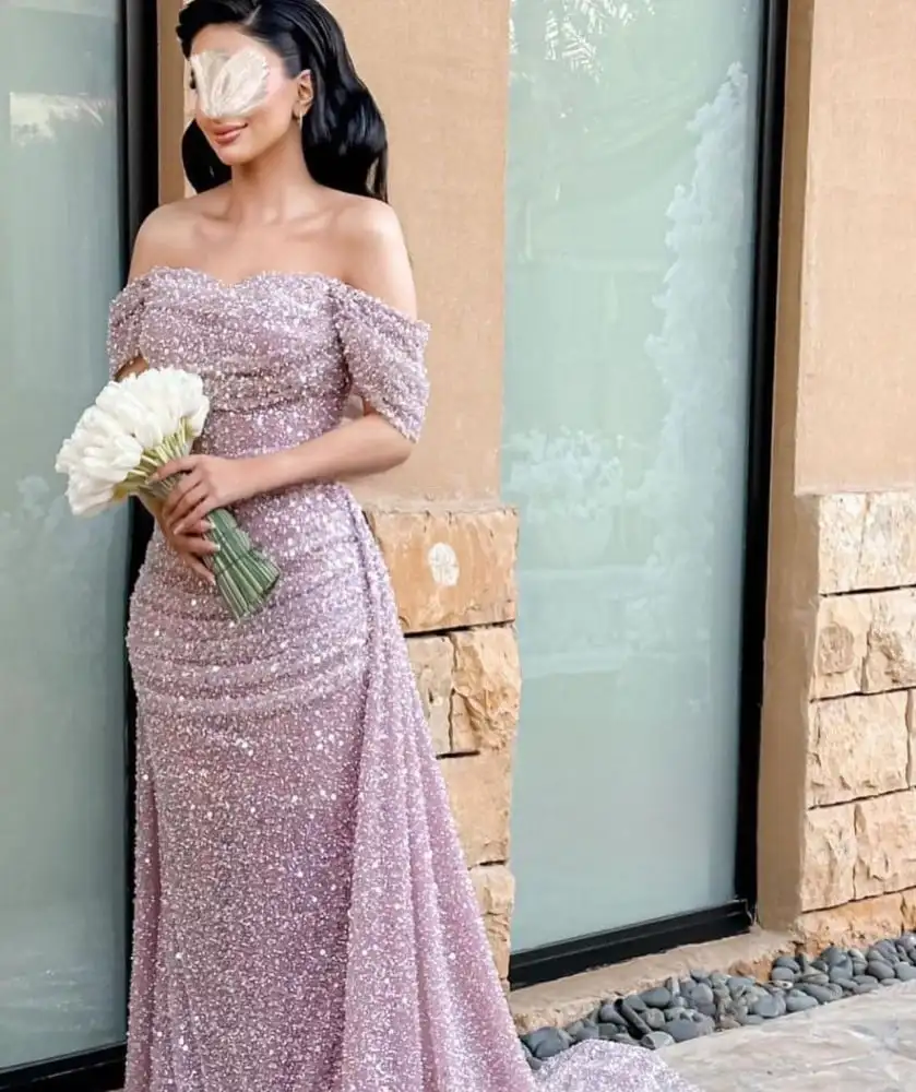 

Welove Sparkly Sequins Purple Prom Dress Off Shoudler Evening Gowns with Overskirt Pleated Mermaid Robes De Bal Vestidos