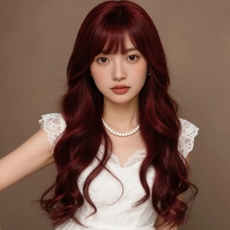 

26 inch long synthetic wine red fluffy wavy hair suitable for all women to wear at gatherings, music festivals, and other events