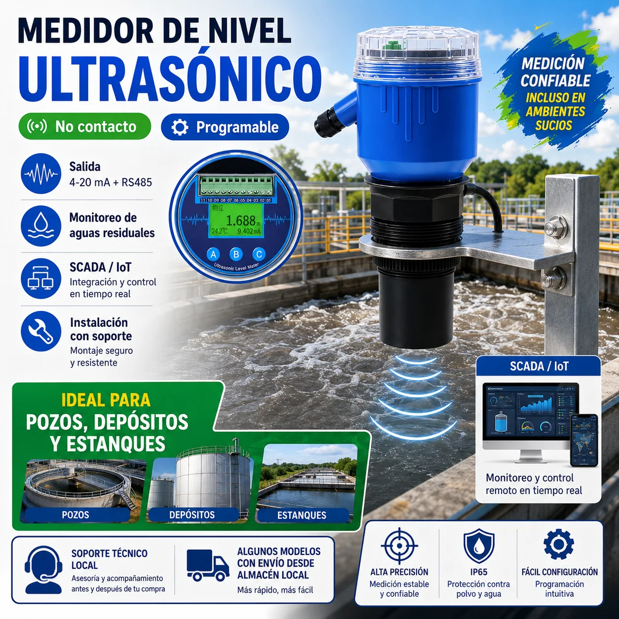 Non-Contact Ultrasonic Water Level Sensor contactless ultrasonic liquid level meter transmitter for River Lake IoT 4-20mA RS485