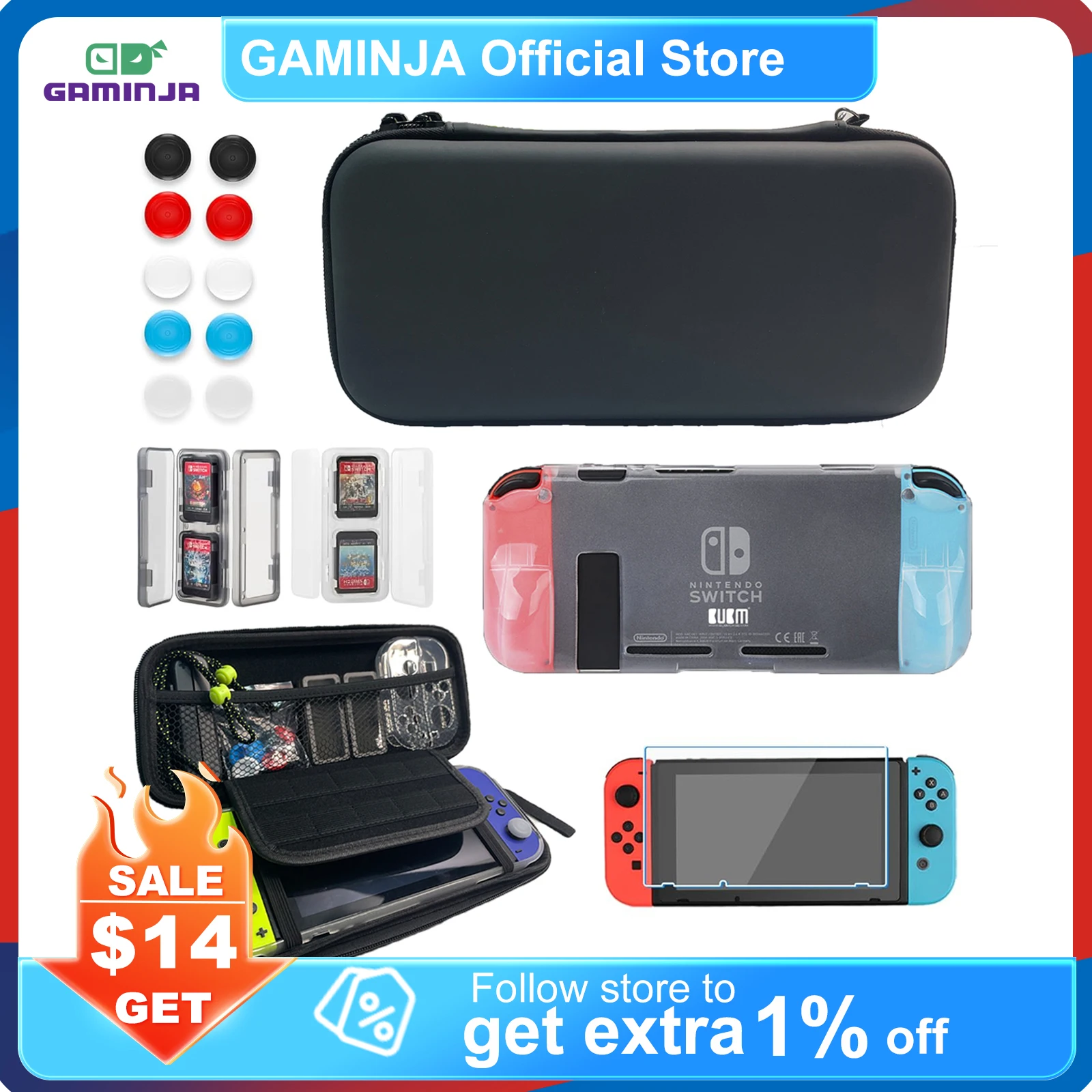 GAMINJA 20in1 Accessories Kit for Switch OLED Gamepad Protector Joy-con Wrist Strap Game Card Storage Case Carrying Bag Set