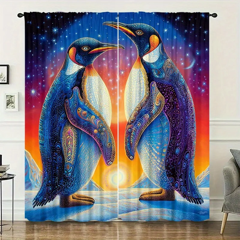 Colorful Antarctic Penguins Print Drapes Room Darkening Window Curtains for Home Decor,Rod Pocket Blackout Curtains Bedroom