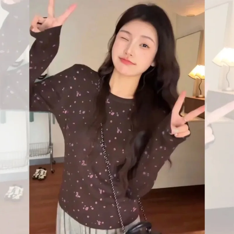 

Корейская шикарная шикарная футболка с длинными рукавами и цветочным принтом, женский осенне-зимний облегающий топ