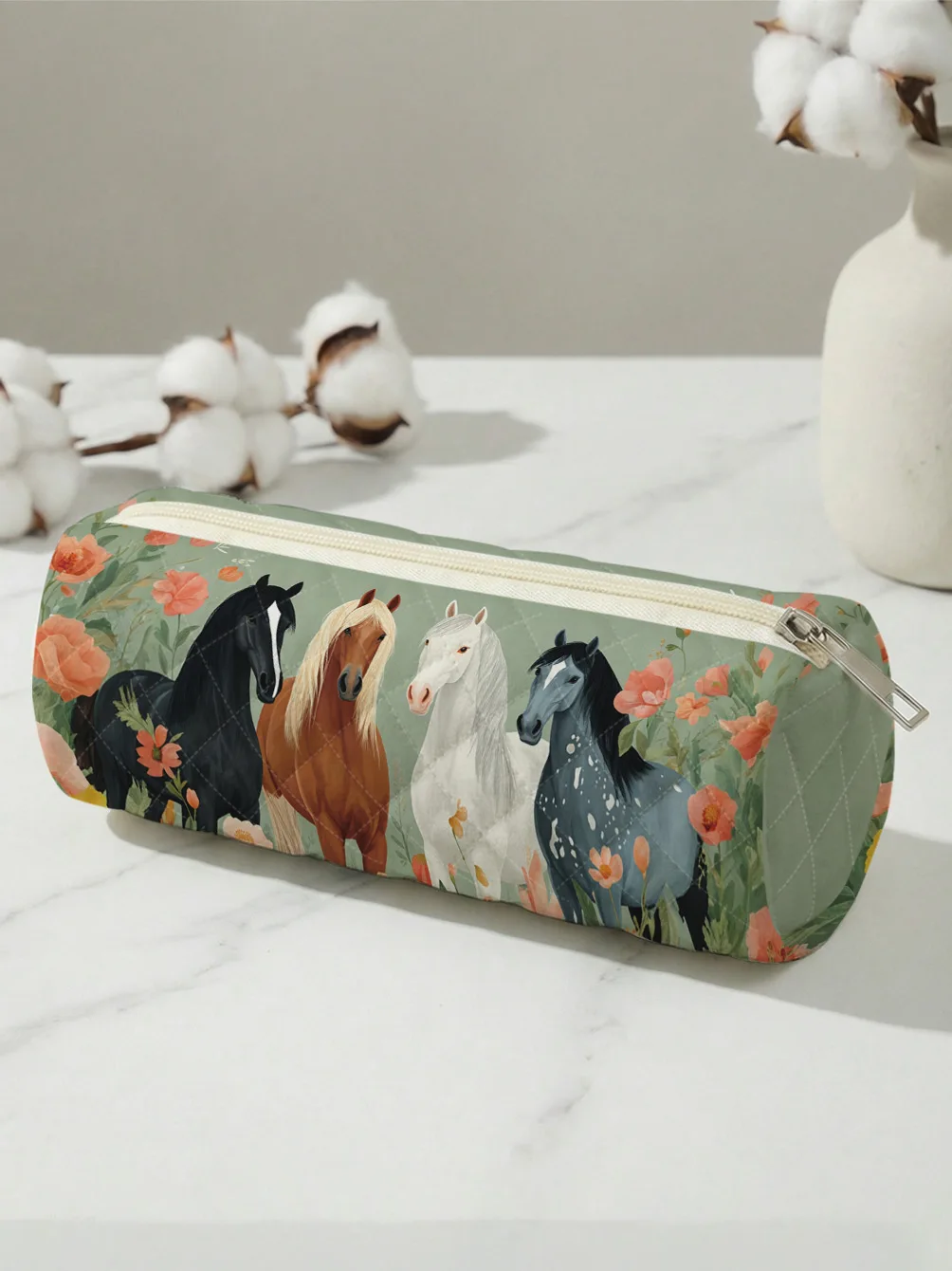 Floral Horse Print Cylindrical Pencil Case, Zipper Stationery Storage Bag For Student Pens And Small Daily Supplies