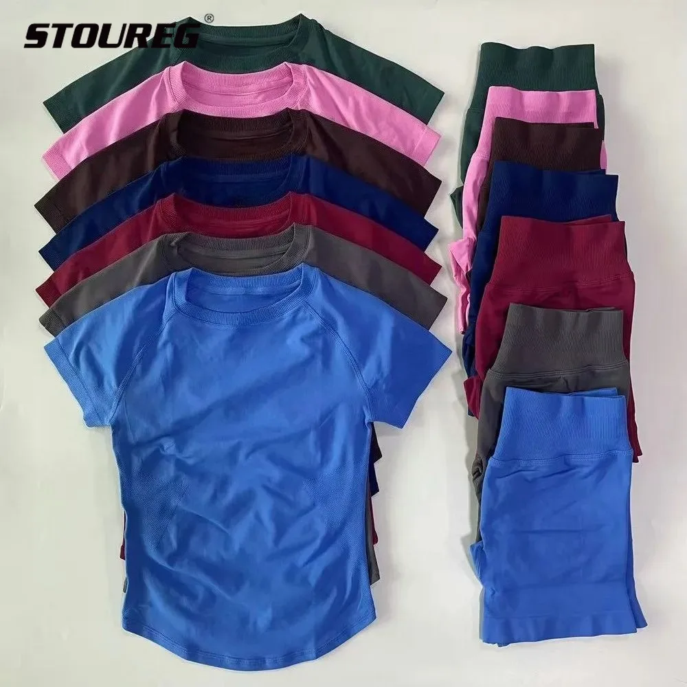 STOUREG Conjunto Deportivo de 2 Piezas, Top de Yoga sin Costuras de Manga Corta, Conjunto de Fitness para Mujer, Shorts Deportivos para Correr, Traje de Gimnasio