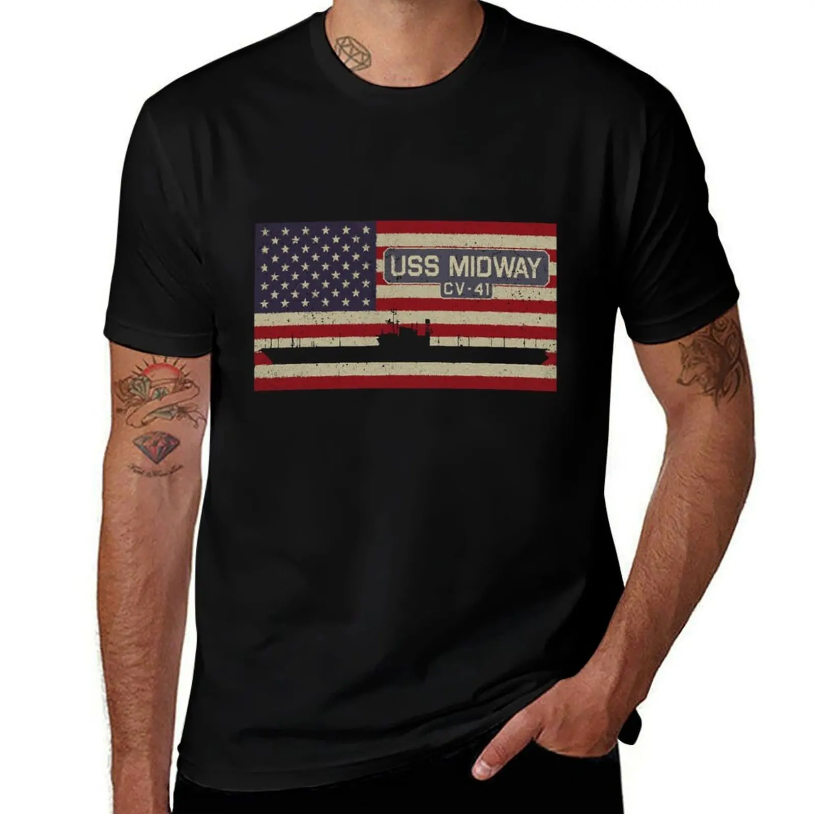 

USS Midway CV-41 Aircraft Carrier Ship Vintage American Flag Gift T-Shirt man t shirt luxury man t shirt heavy cotton T-Shirt
