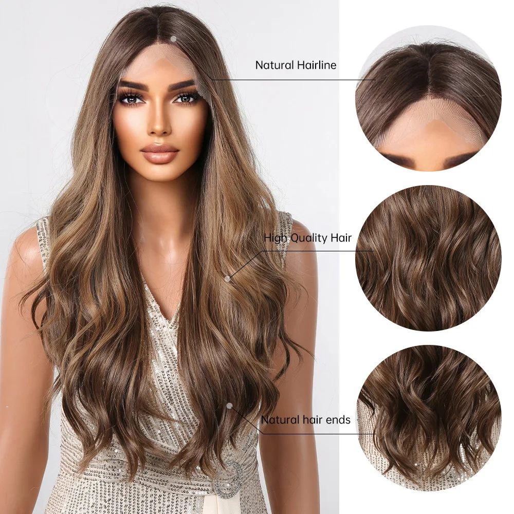 13*6 Brown Lace Frontal Wigs for Women Long Wavy Brown Wigs Natural Hairline Free Parting Heat Resistant Wigs for Afro Women