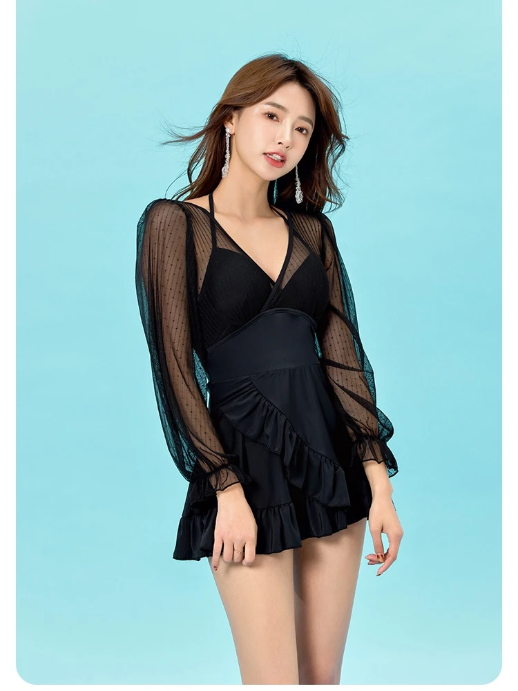 Ele plus Size  Swimsuit Women's High Waist Long Sve Thermal Spa Swimming Costume Faionable Slimming Design