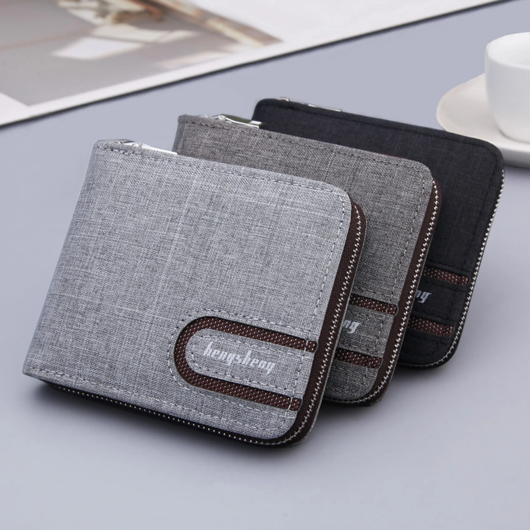 Casual Men's Short Wallet Canvas Solide Short Wallets Men Zipper Vintage Male Purse Coin Pouch Multi-functional Cards Wallet