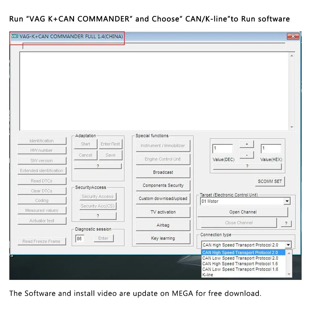 VAG K+CAN Commander Software version 1.4 Diagnostic Cable diagnose via CAN and Special function via K-Line works for VW,SEAT