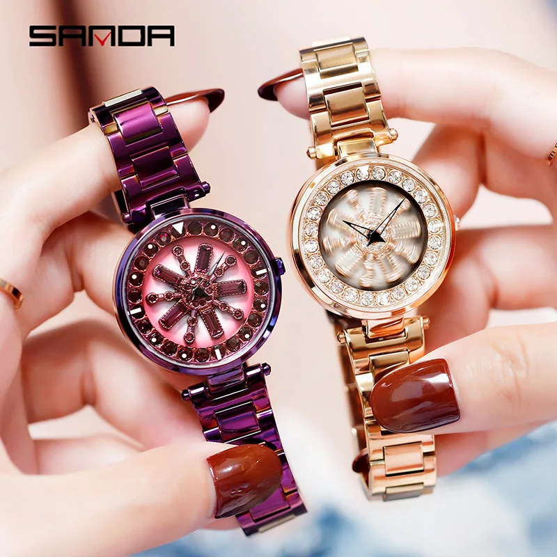 

SANDA Watches for Women1018 Diamond Set Hollow Quartz Luxury Watch with Rotating Flower Design Steel Strip Quartz Women Watches
