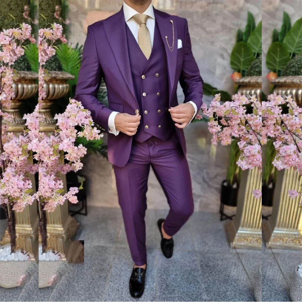 

New Gorgeous Purple Men Suits Single Breasted Peaked Lapel Slim Fit Flat Regular Length 3 Piece Jacket Pants Vest Office Blazer