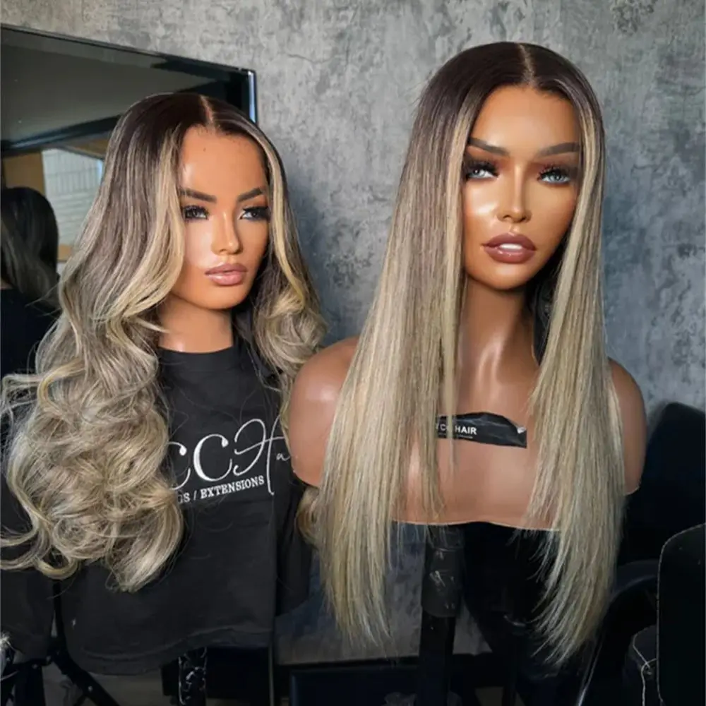 

Ash Blonde Synthetic Lace Front Wigs for Women Glueless Body Wave Wig Highlight Balayage Straight Hair Pre Plucked Dark Roots
