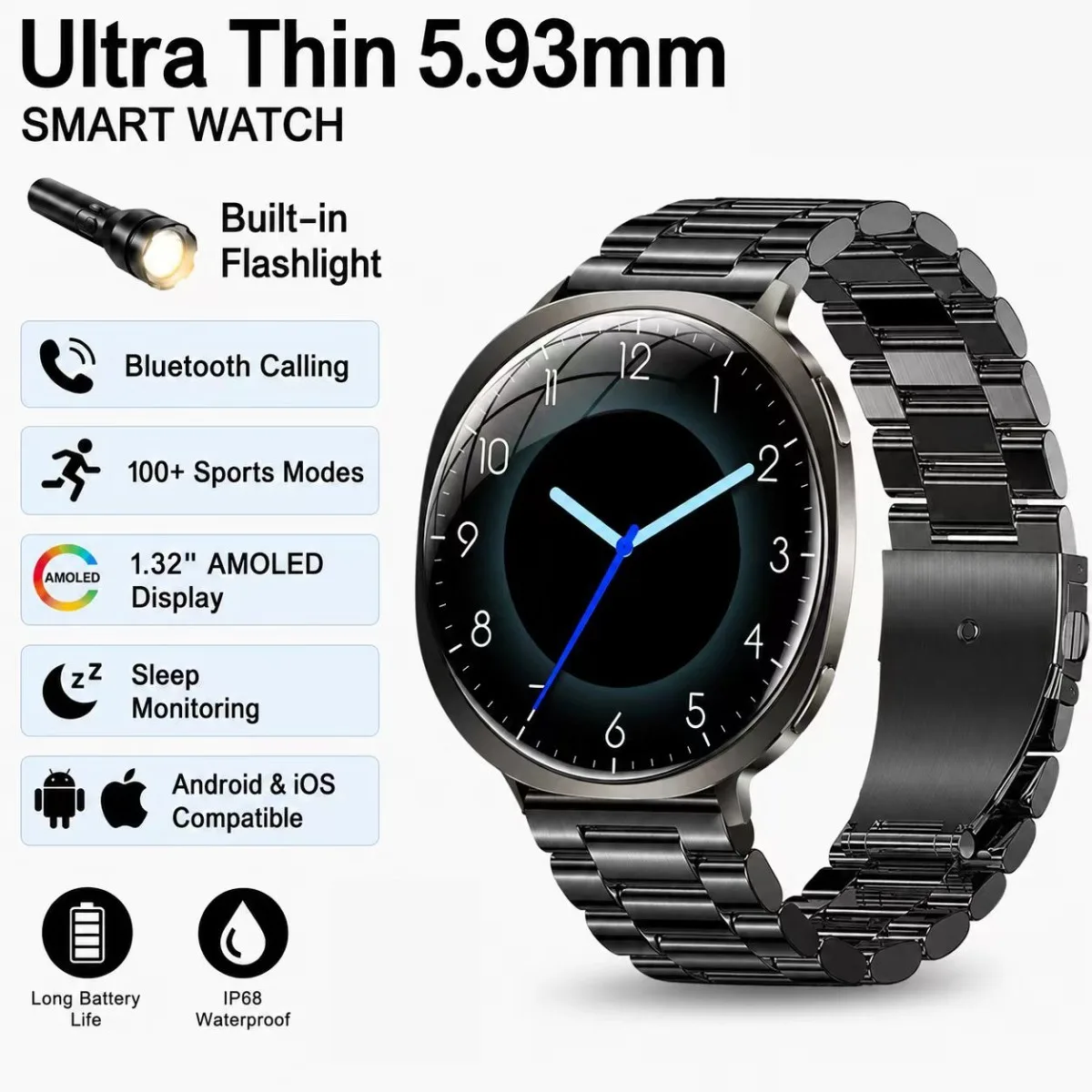 2026 New 5.93mm Ultra-Slim Smart Watch 1.32 AMOLED Waterproof Bluetooth Call LED Torch Fitness Tracker Sports Mode Smartwatch