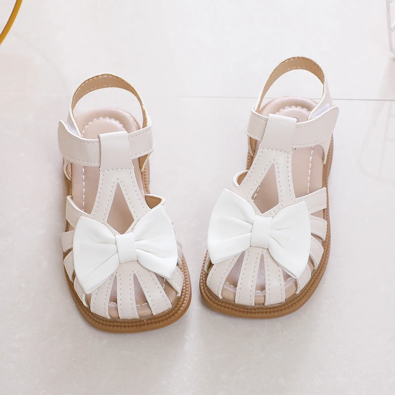 Cute Girls Sandals Bow Peep-toe 2024 New Soft Hook & Loop Beige Kids Princess Shoes Casual Shoes PU Cute Children Shoes Non-slip