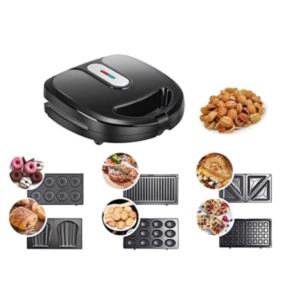 

6 in 1 Waffle Maker with Walnut Finish Non-Stick Removable Plates for Panini Press Grill Sandwich Donut Maker Multi-Function Ki