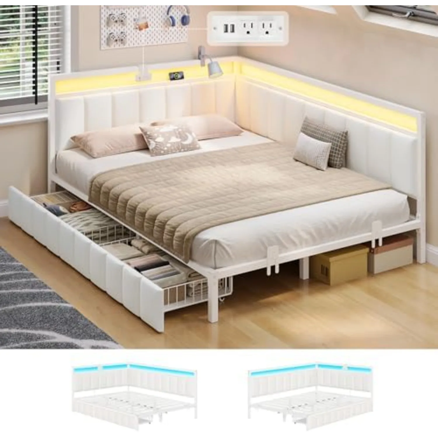 Corner Bed Frame with Storage Drawers, Full Daybed with Line Fabric Upholstered Fence, Kids Bed Unit with LED Light and
