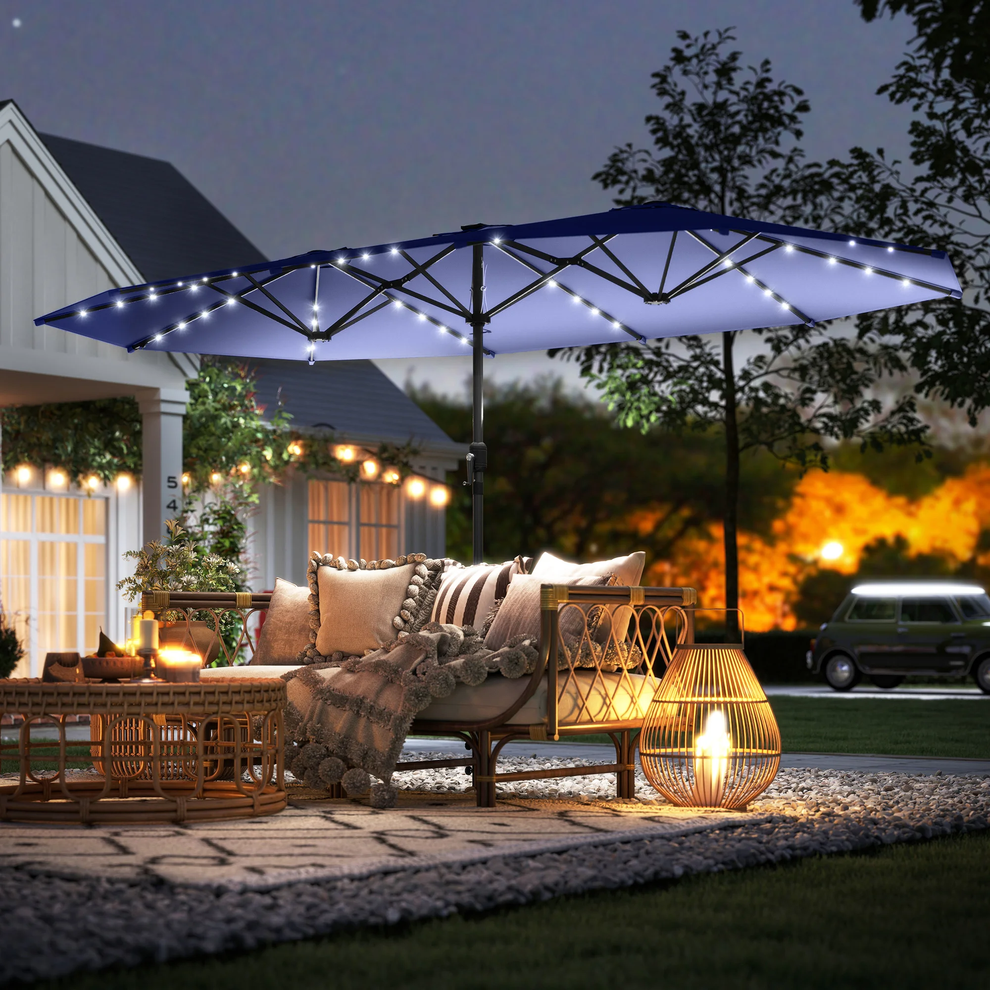Garden Parasol, Double-Sided Sun Umbrella with LED Solar Lights, Patio Parasol for Outdoor, Navy Blue