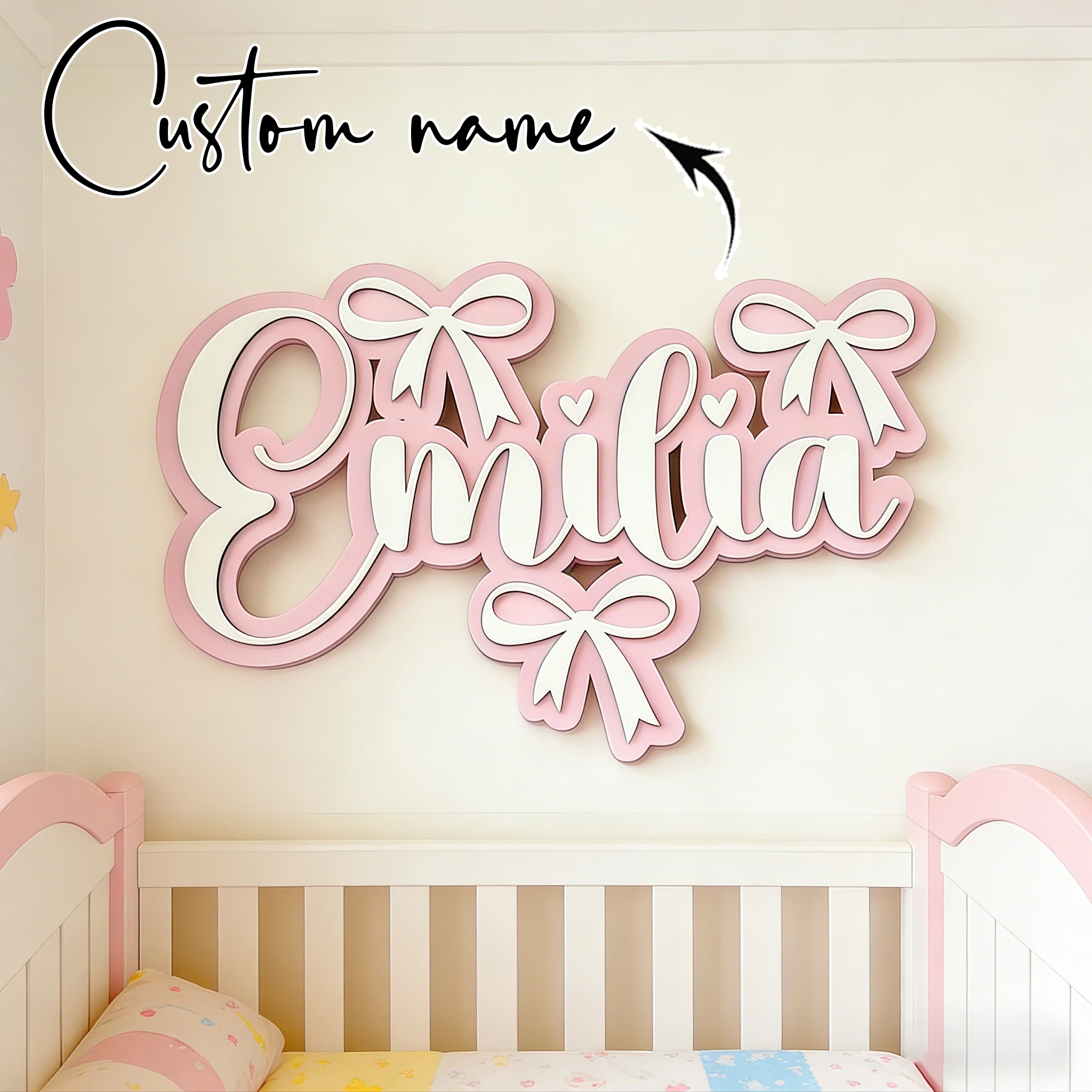 Custom Pink Bow Heart Wooden Name Sign Personalized Cursive Girl Nursery Wall Decor Baby Shower Newborn Bedroom Keepsake Gift