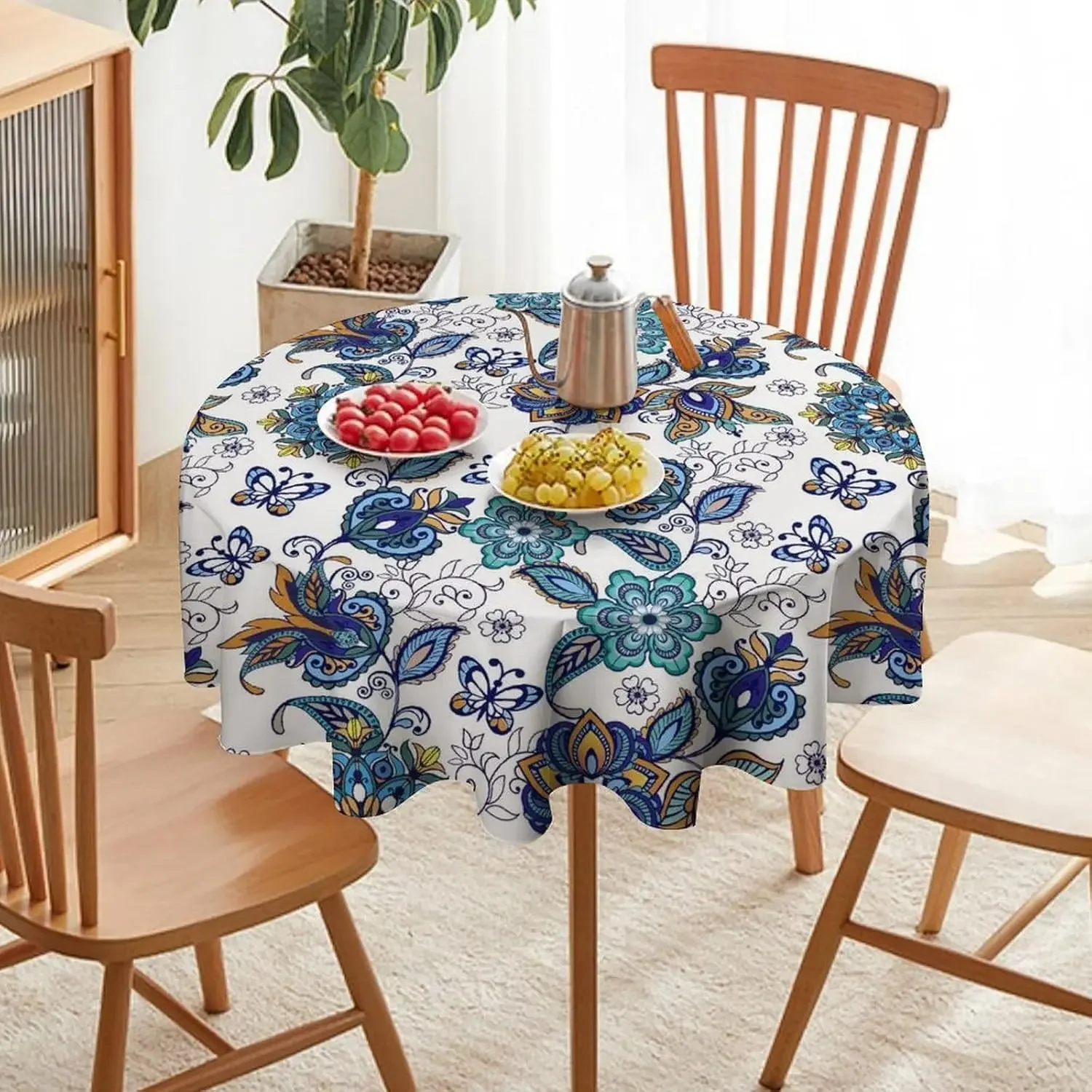 Luxury Teal Paisley Floral Circle Tablecloth - Vintage Oriental Butterfly Outdoor Party Diner Cover