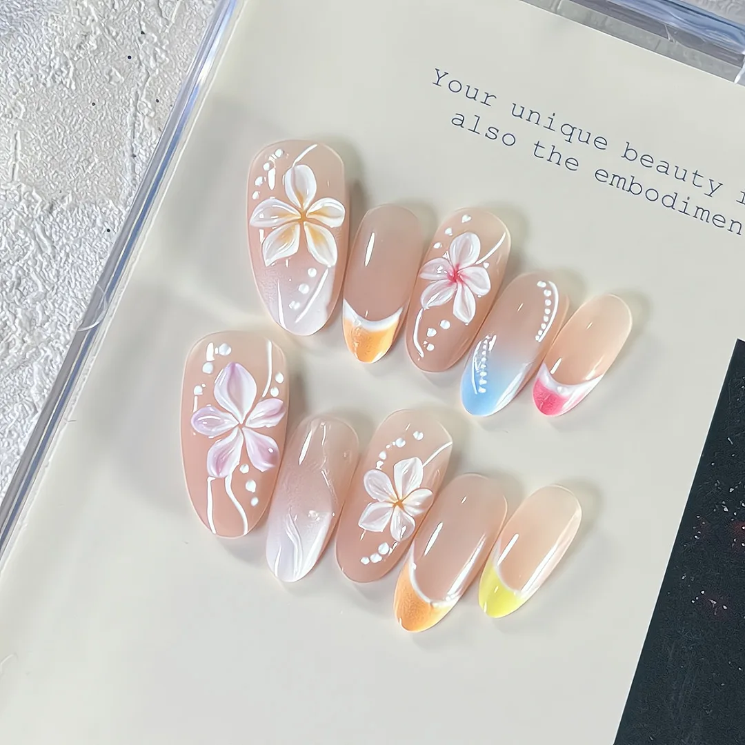 

10pcs/set French Manicure Almond Shaped Nail Art - Yellow with Delicate Floral Design Glossy Finish Perfect for Spring & Summer