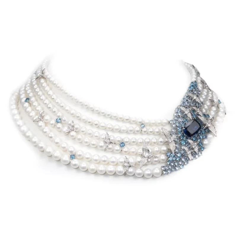 Bellux Necklace 925 Silver Synthetic Zircon Sapphire White Pearl Seagull Multi Layer Luxury Fine Necklace