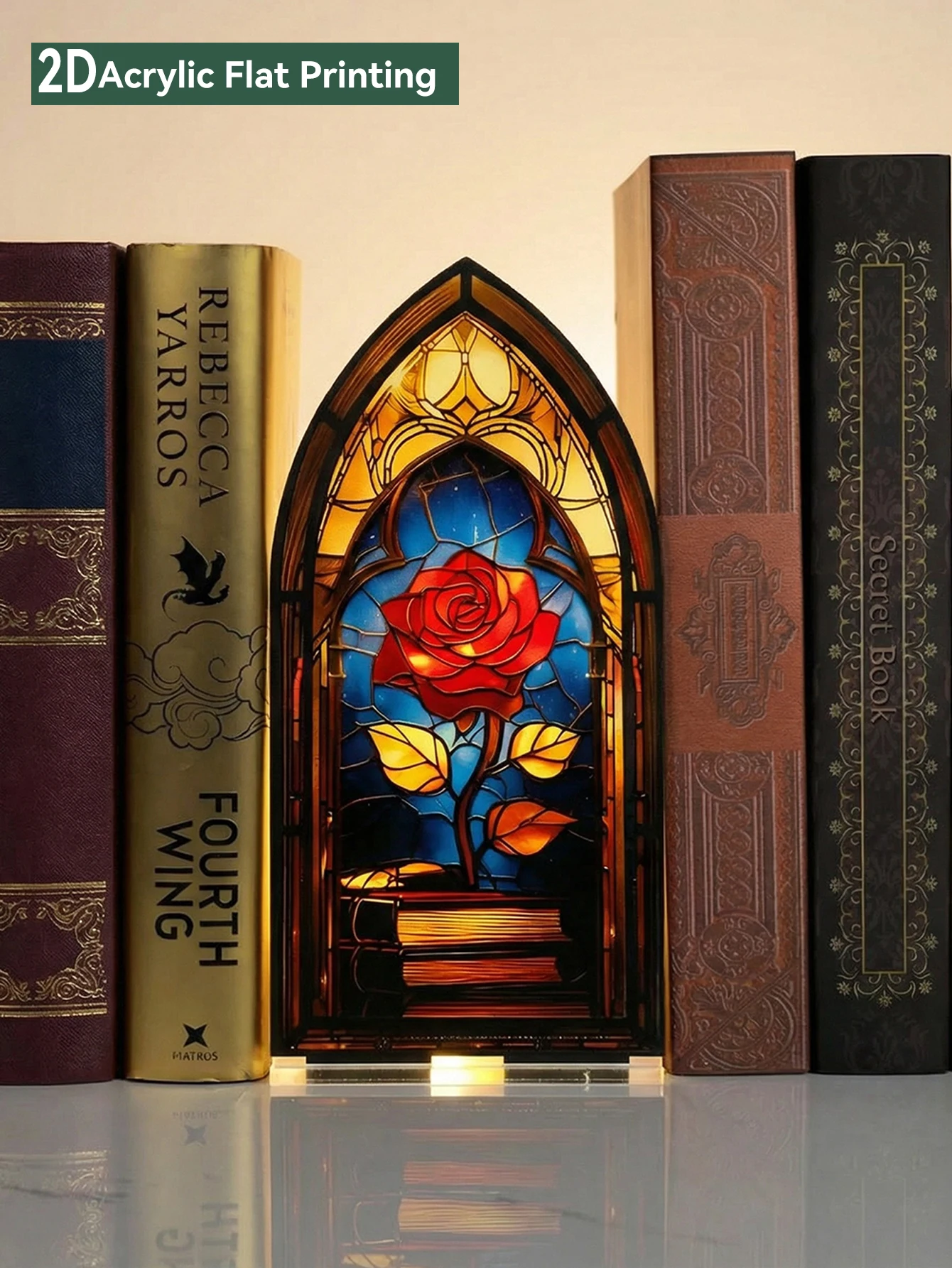 Ornement de bureau en acrylique 2D en forme de rose, serre-livres gothique en forme d'arche, décoration de bibliothèque vintage pour les amateurs de livres, coin lecture et présentoir d'étagère à domicile