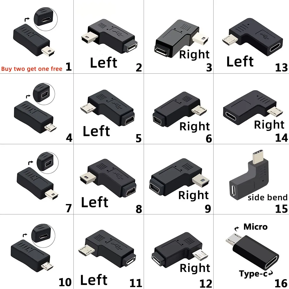 90 Độ Trái & Phải Góc Cạnh Mini USB 5pin Nữ Sang Micro USB Nam Đồng Bộ Dữ Liệu Adapter Cắm Micro USB đến Cổng Kết Nối USB Mini