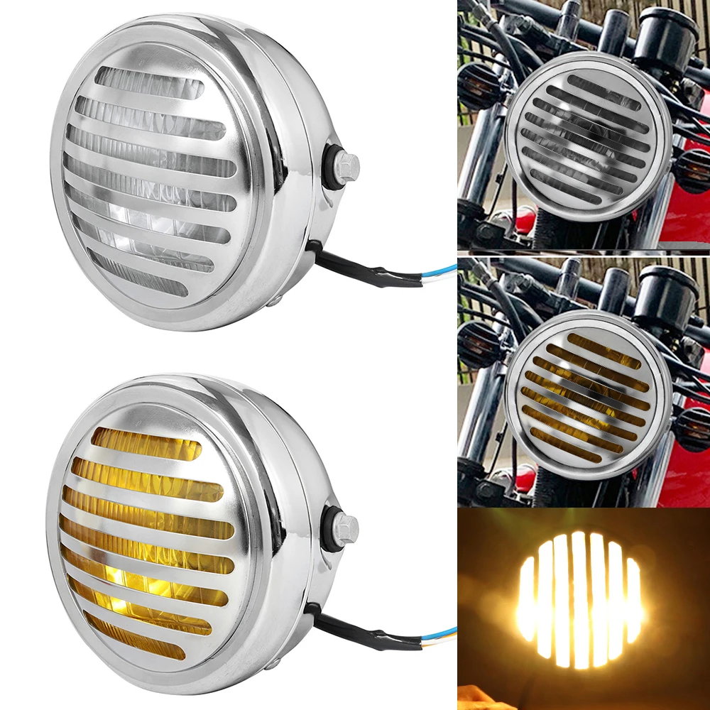 Retro 6.5\'\' Inch Motorcycle Grill Headlight Vintage Front Light Round Headlamp Chrome For Universal Scooter Cafe Racer Harley