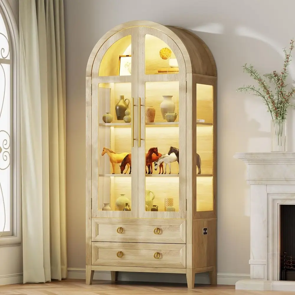 71-Inch Arched Glass Curio Cabinet with 4 Shelves, 2 Drawers, 3-Color Lighting, Wood-Tone Kitchen Pantry