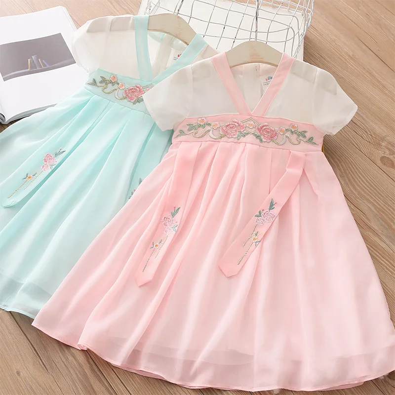 2025 Summer 3 4 6 8 10 12 Years Chinese Traditonal Style Ethic Hanfu Short Sleeve Kids Baby Girl Chiffon Cheongsam Dres With Bag