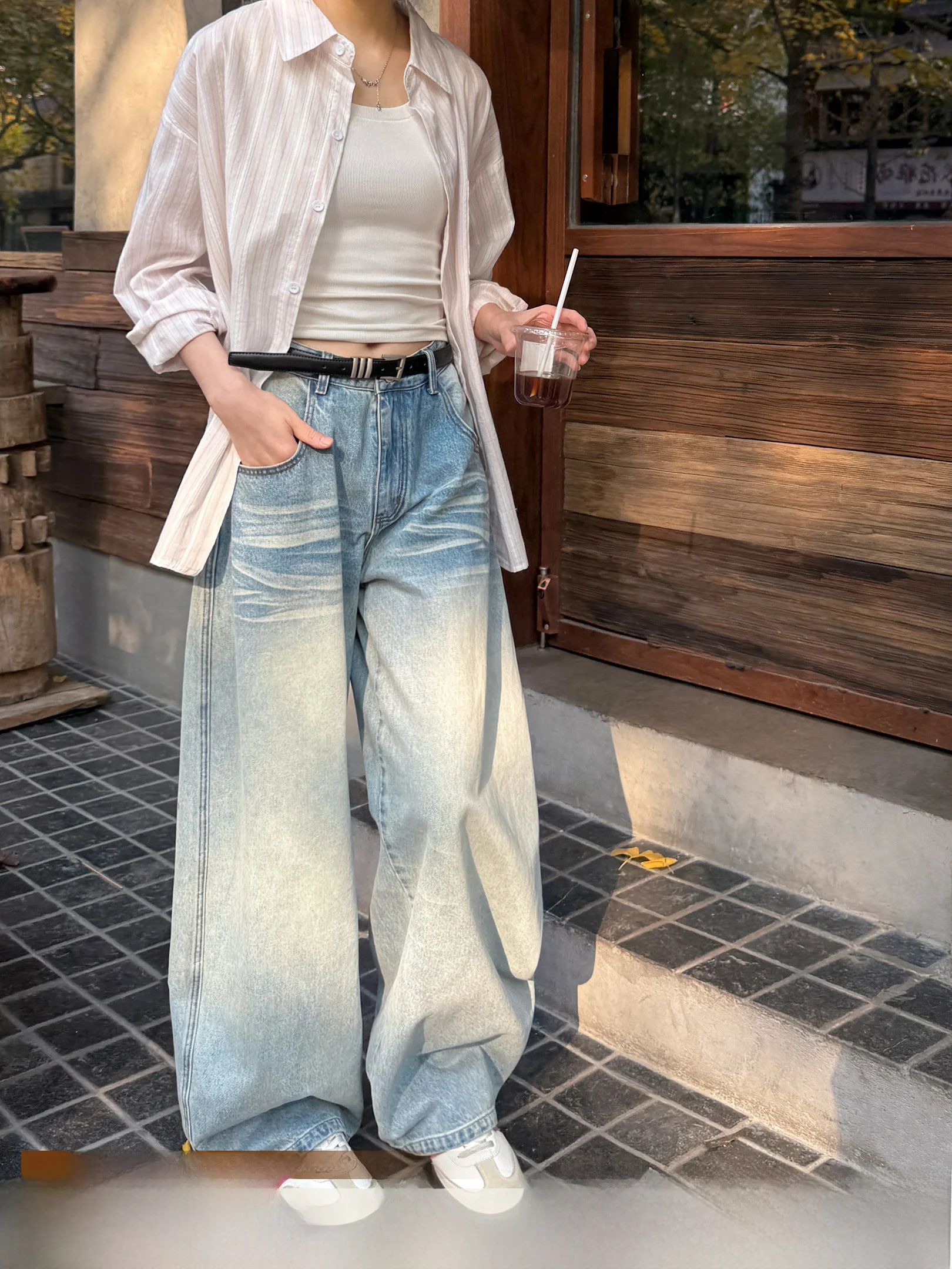 

Женские джинсы с высокой талией и широкими штанинами, повседневные, зимние, не деформирующиеся, с бамбуковым узором, длинные брюки, модные