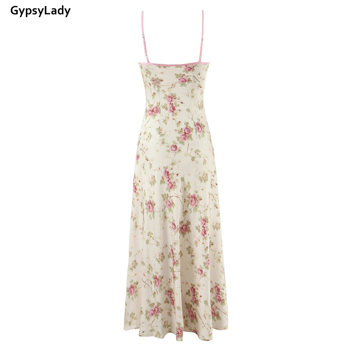 Abito lungo con spaghetti stampato floreale stile francese Abito lungo casual da donna sexy con scollo a V e cinturino in raso di pizzo beige Nuovo