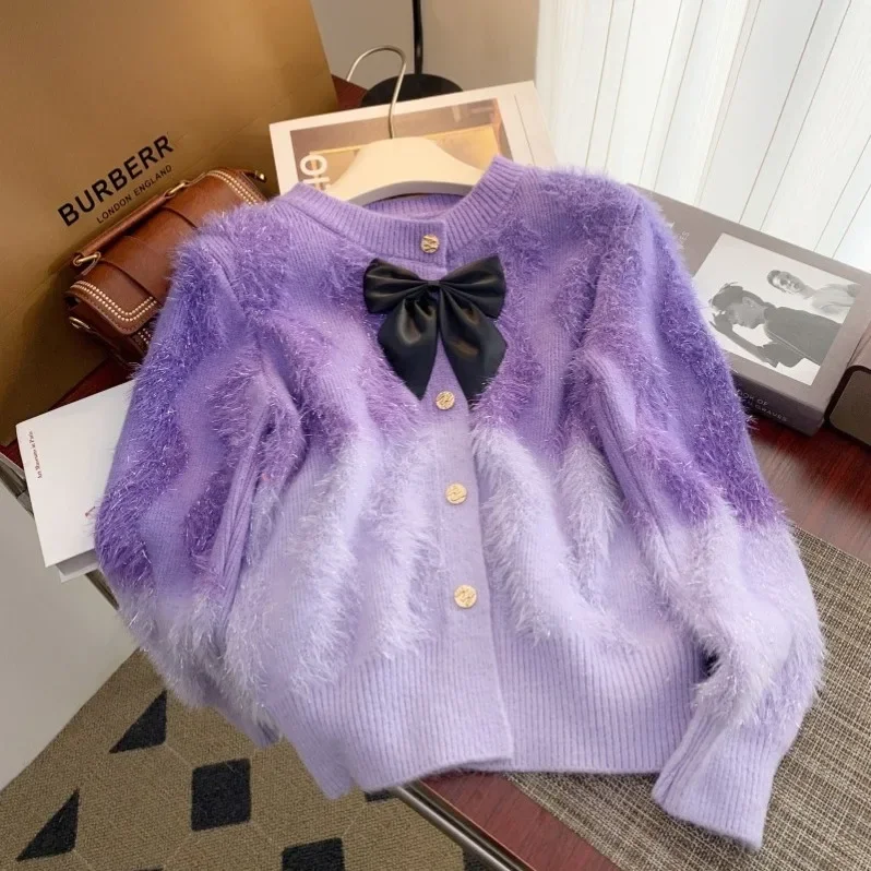 Faux Mink Sweater Women Knitted Cardigan Coat Wave Shiny Thread Bow Gradient Color Tops Fashion Knitwear Chic Ladies Jumper 2024