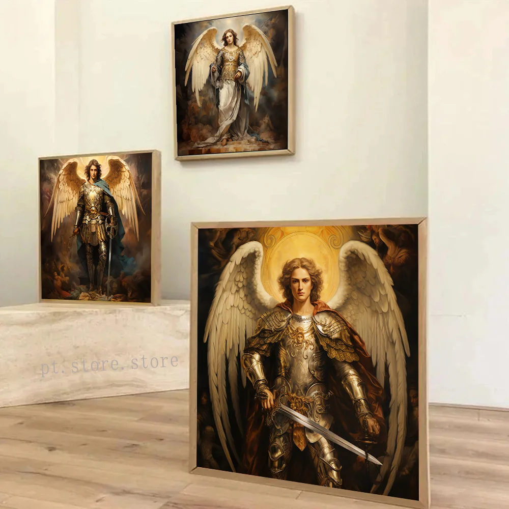 Archangel St.Michael Vintage Poster Print Living Room Home Decor Christian Religion Bible Angel Canvas Painting Wall Art Picture