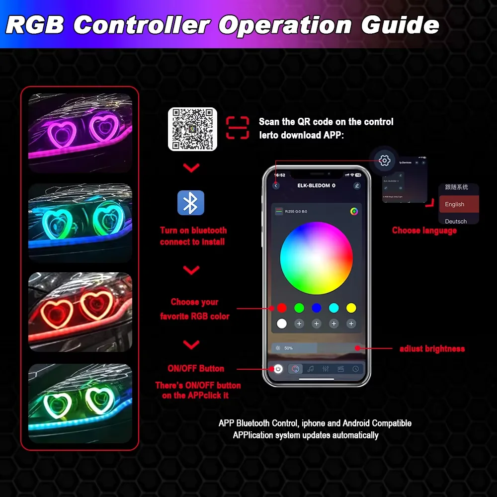 RGB With App Control LED Heart-Shaped SRGB Dynamic Angel Eyes Halo Ring Turn Signals Light Bluetooth Headlight
