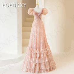 Pink Sequined Prom Dress Luxury Sparkly Puff Sleeves Formal Occasion Event Dresses V Neck Tiered vestidos de festa Floor Length