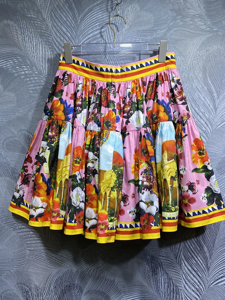 JUNLINNA Fashion Printing Skirt Women Summer 100% Cotton Beach Holiday Half Dress Vintage