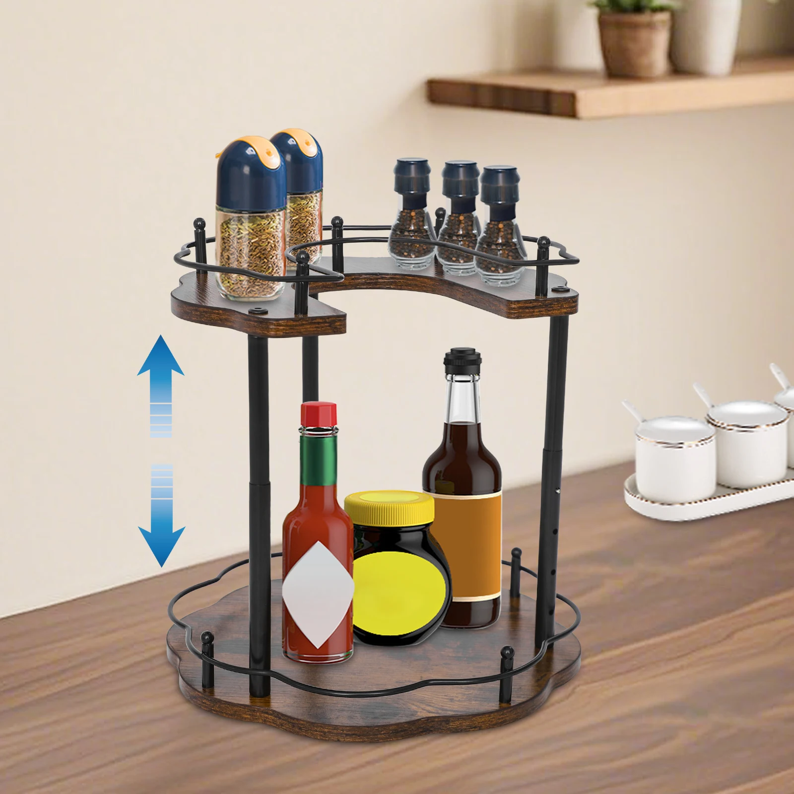 

2-tier Spice Organizer Rack Height Adjustable Rotating Storage Rack Suitable for Kitchen Seasoning Oil Salt Sauce