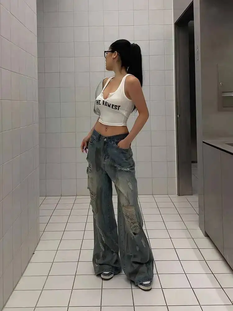 Heiße Mädchen Vintage Zerrissene Jeans Für Frauen Frühjahr Neue Hohe Taille Schlank Bodenlangen Hosen Mit Breiten Beinen Hosen LLV8