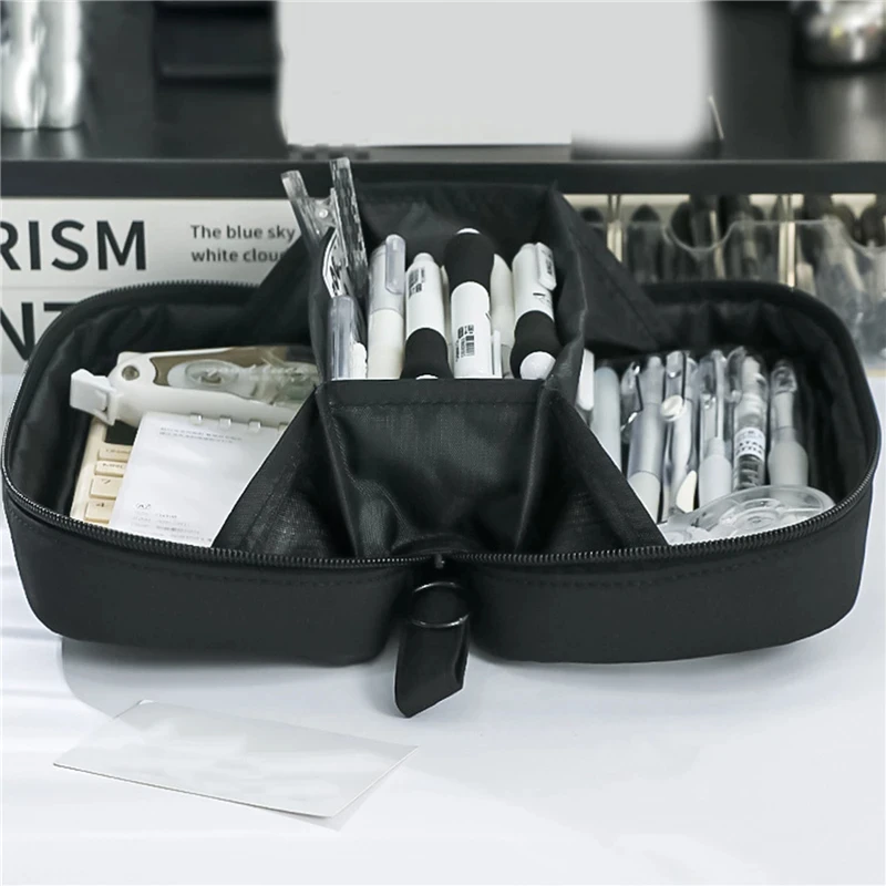 Kawaii مقلمة سعة كبيرة 3 مقصورة الحقيبة القلم حقيبة مزدوجة الجانب افتتاح طالب منظم قرطاسية اللوازم المدرسية