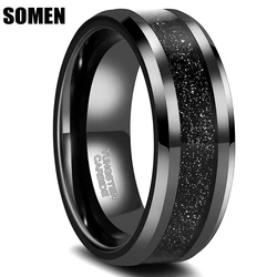 Somen Men's 8mm Tungsten Carbide Ring Black Sandstone Inlay Beveled Edges High Polished Wedding Band Engagement Ring For Men